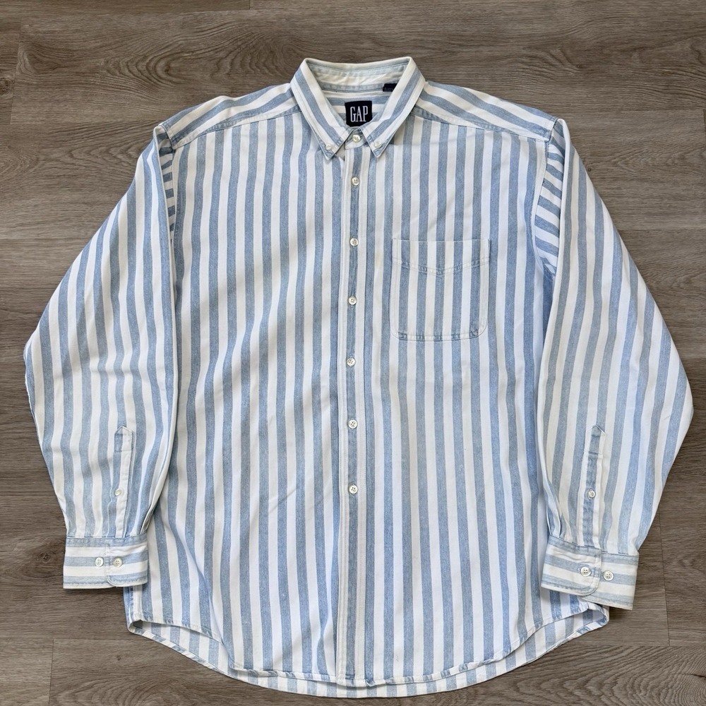 Vintage 90s GAP Striped Heavy Denim Shirt Mens XL Blue White Button Down Cotton